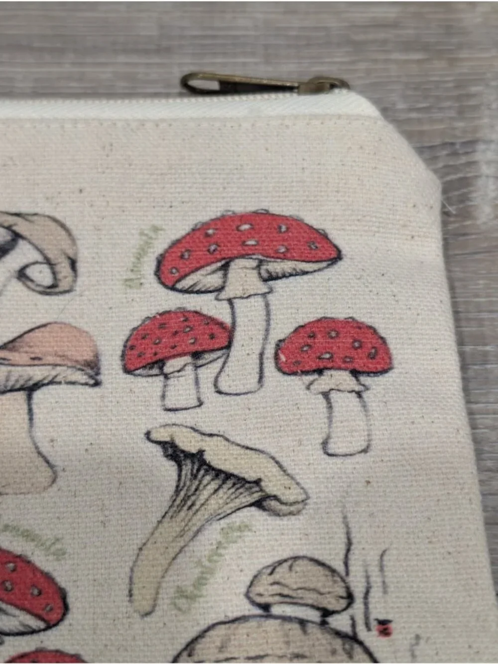 Canvas  Cosmetic Makeup Bag Vintage Botanical Mushroom Print Embroidered Detail